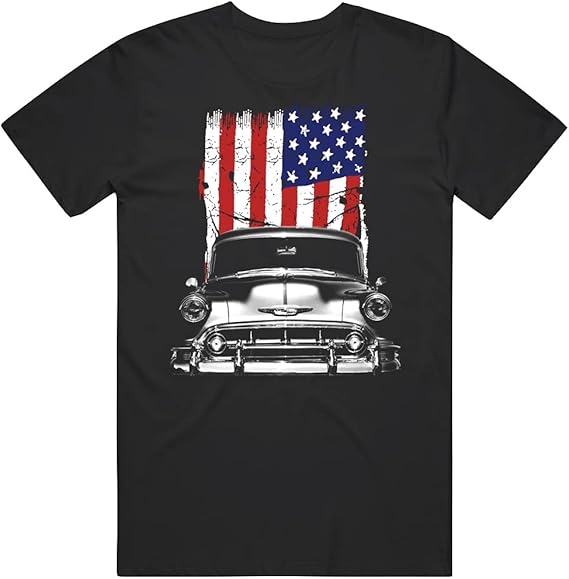 PurpleMonkeyTees 1953 Chevy 210 Front Grill View with Us Flag T Shirt