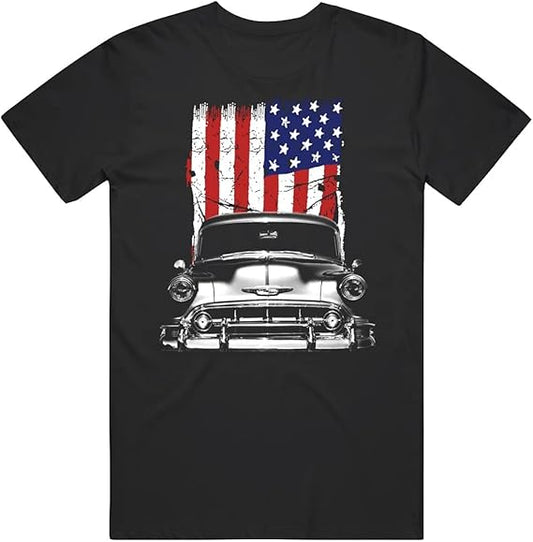 PurpleMonkeyTees 1953 Chevy 210 Front Grill View with Us Flag T Shirt