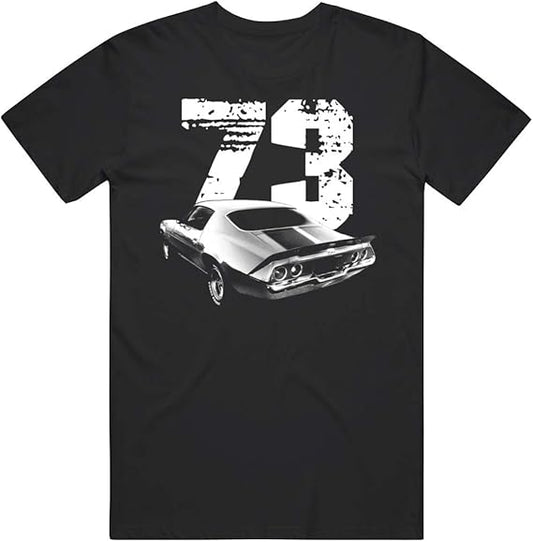 PurpleMonkeyTees 1973 Camaro Z28 Rear Three Quarter View with Year T Shirt